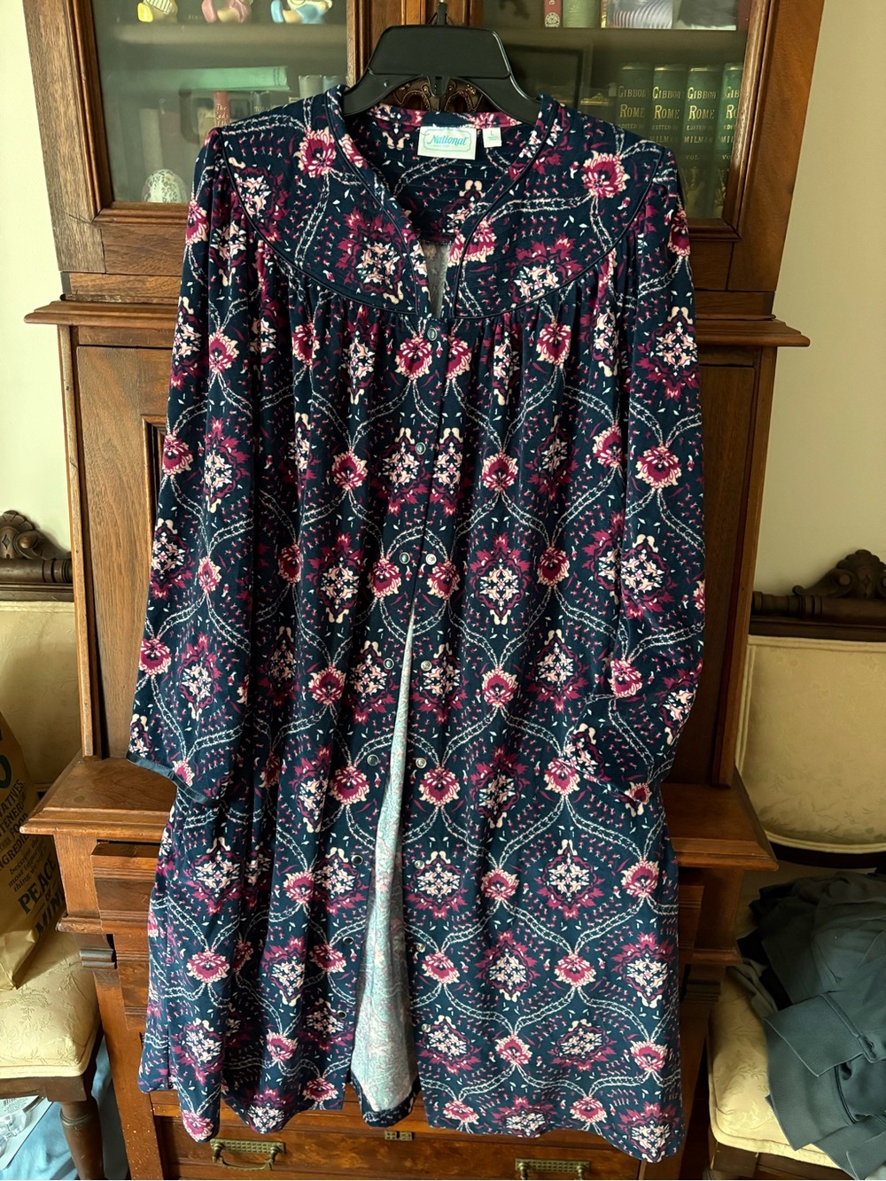 National: Large, Navy and Pink/putple Floral fleece robe